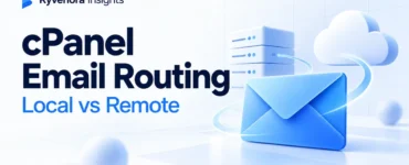 Ryvenora Insights cover reading cPanel Email Routing: Local vs Remote, with a blue envelope, server, and cloud on a pale background.