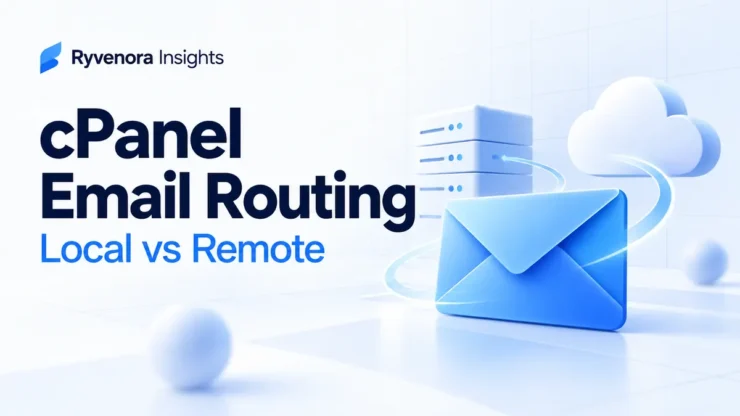 Ryvenora Insights cover reading cPanel Email Routing: Local vs Remote, with a blue envelope, server, and cloud on a pale background.