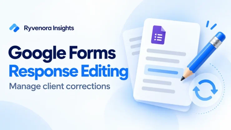 Ryvenora Insights cover reading Google Forms Response Editing: Manage client corrections, with a blue pencil and conceptual document cards on a pale background.